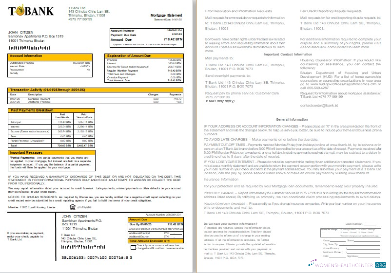 Download Bhutan T bank mortgage statement, 2 pages, 1 2 scr Photoshop template